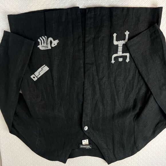 Vintage Positive Influence Women’s 14 Black 100% Linen Hieroglyphics Top Shirt - Picture 15 of 15